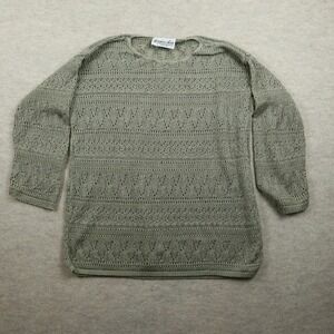 Jessica Ash Sweater Large Sage Green Pointelle Knit 90s Vintage Crew Neck Top